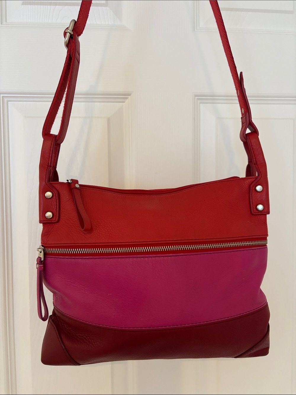 FOSSIL leather crossbody bag color block purse adjustable strap pink red zip top